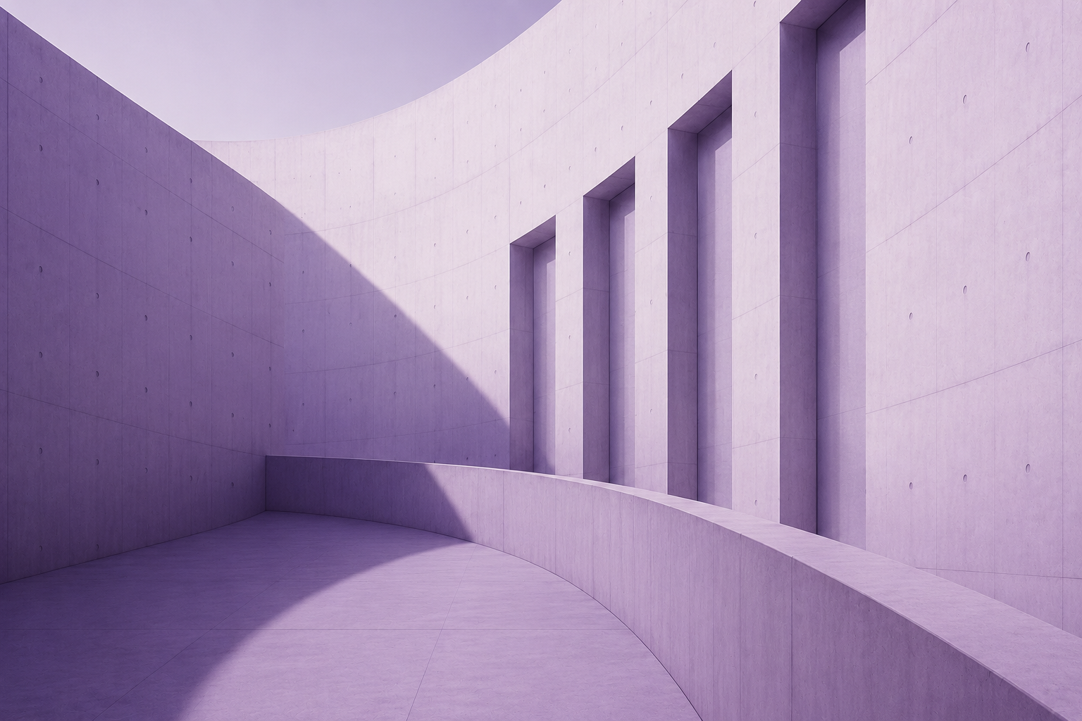 Minimalist curved concrete space with a sweeping walkway and five tall rectangular wall openings, all bathed in purple light