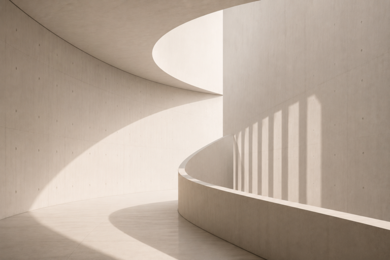 Interior of a light-filled minimalist concrete space featuring a curved spiral ramp with soft shadows on the walls